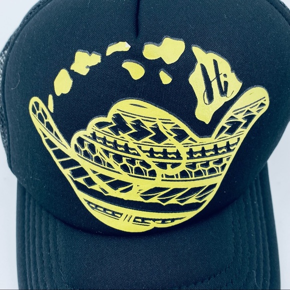 Hawaiian Headwear HANG LOOSE Hawaii Island Trucker Hat Black Yellow Mesh Snap - Picture 2 of 9